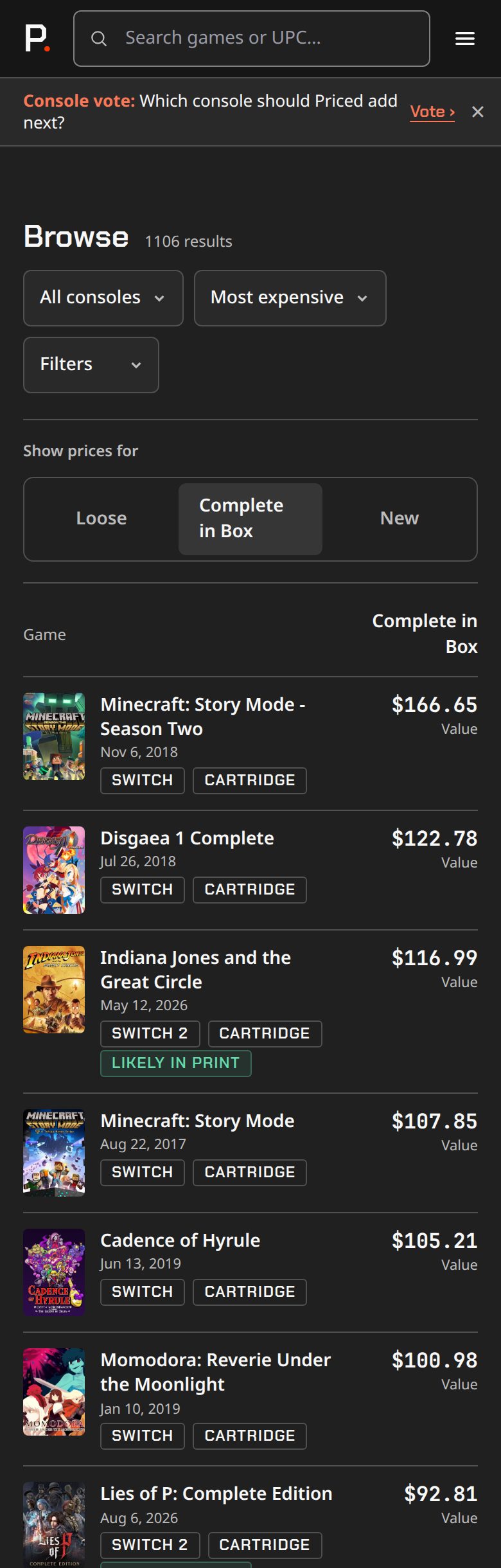 Priced browse page on a phone listing physical games with one price column for the chosen condition