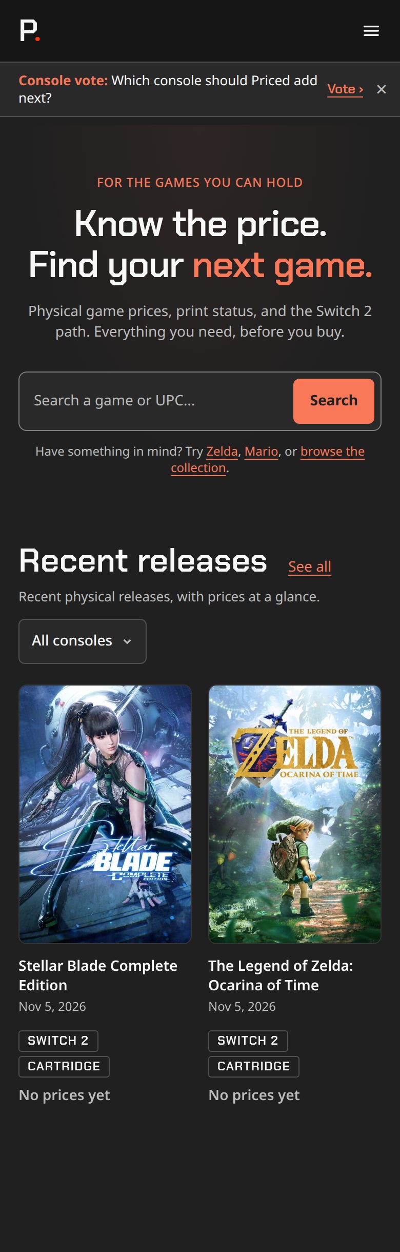 Priced home page on a phone with search and recent physical releases